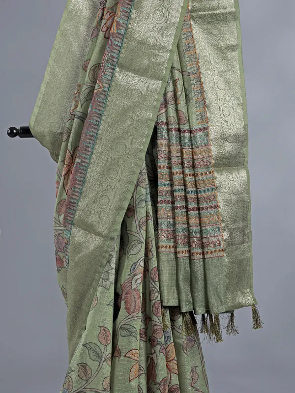 Pista green semi cotton festival wear saree