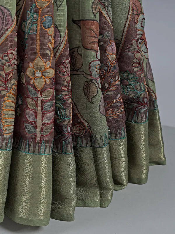 Pista green semi cotton festival wear saree