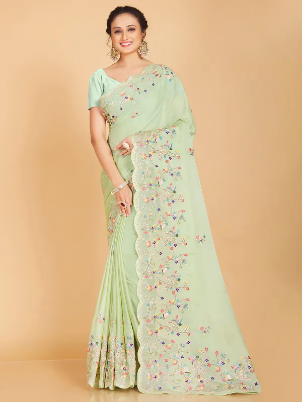 Pista green semi organza saree