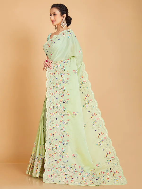 Pista green semi organza saree