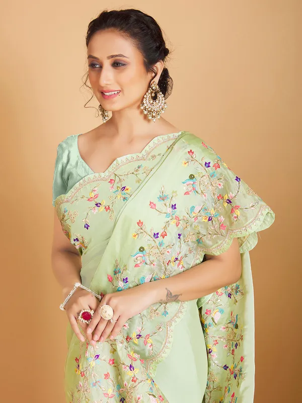 Pista green semi organza saree