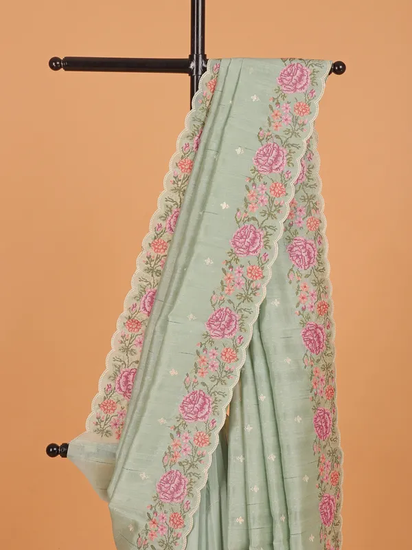 Pista green semi silk saree for festive wear