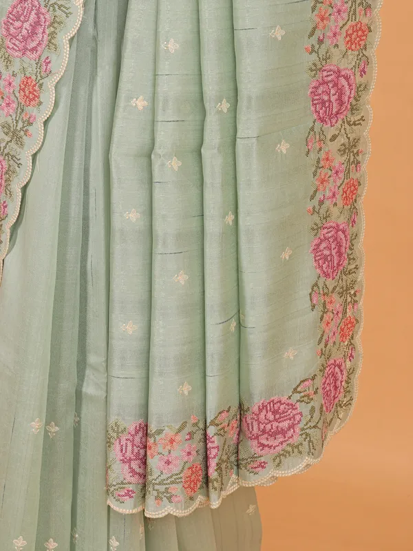 Pista green semi silk saree for festive wear