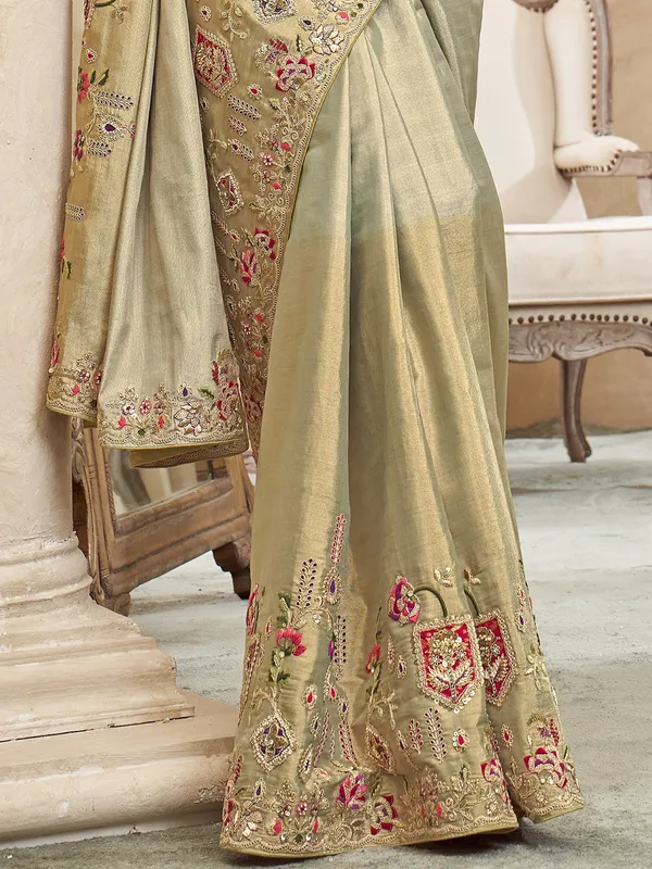 Pista green shaded viscose silk embroidered work saree