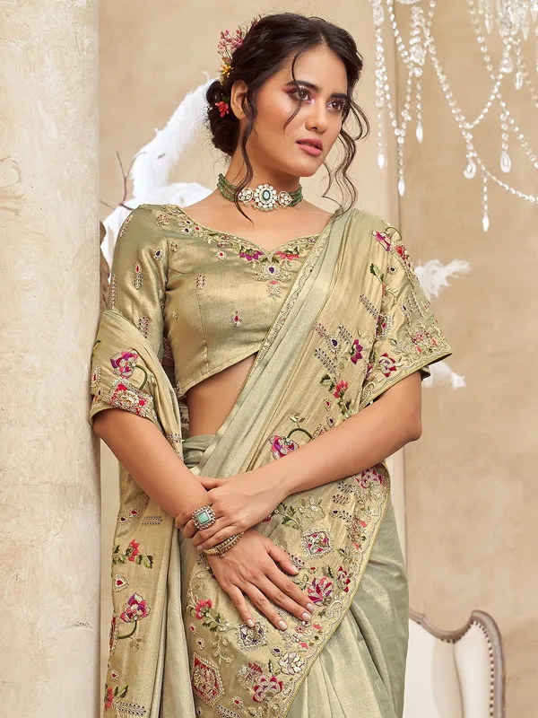 Pista green shaded viscose silk embroidered work saree