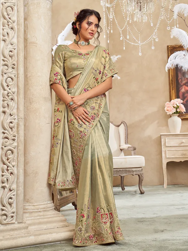 Pista green shaded viscose silk embroidered work saree