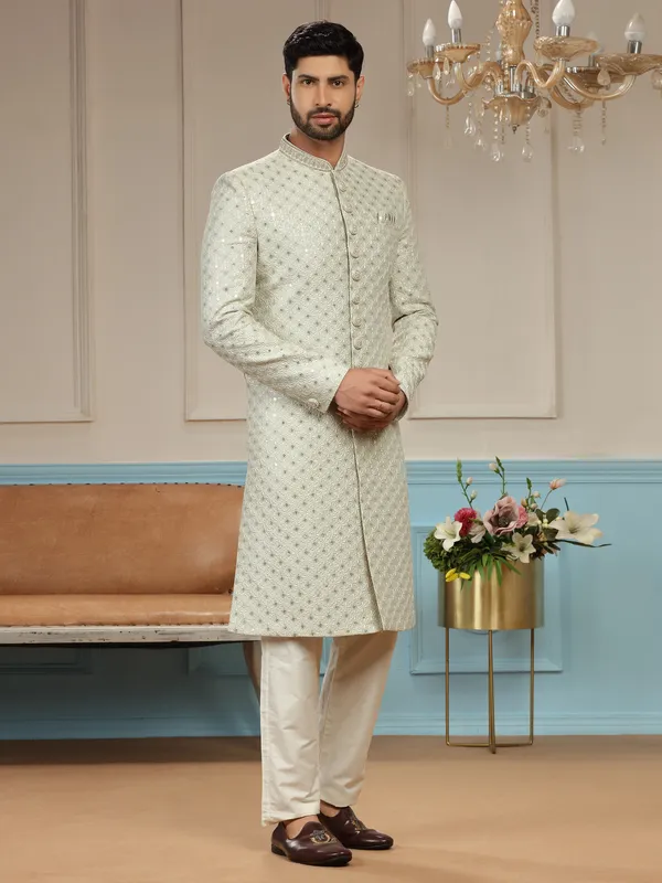 Pista green sherwani in silk for groom