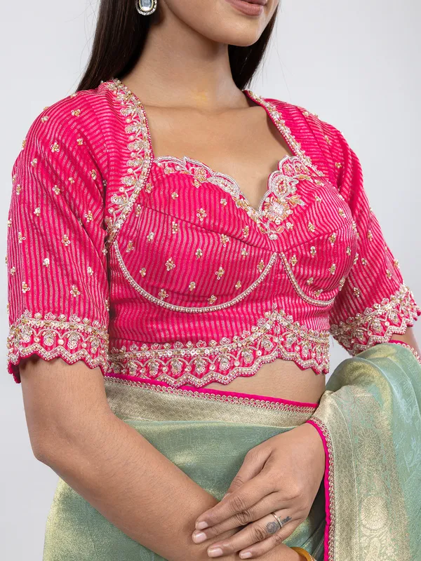 Pista green shimmer tissue silk saree with readymade blouse