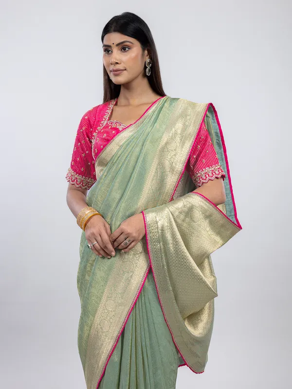 Pista green shimmer tissue silk saree with readymade blouse