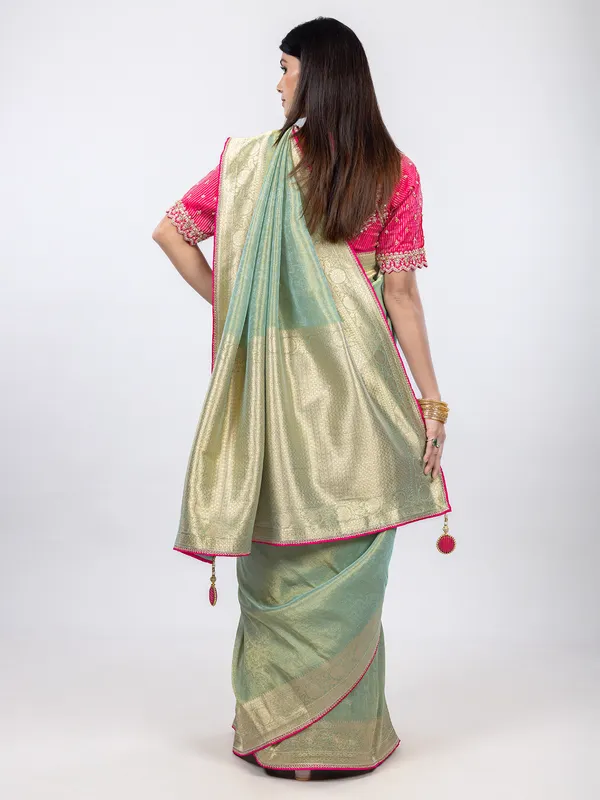 Pista green shimmer tissue silk saree with readymade blouse