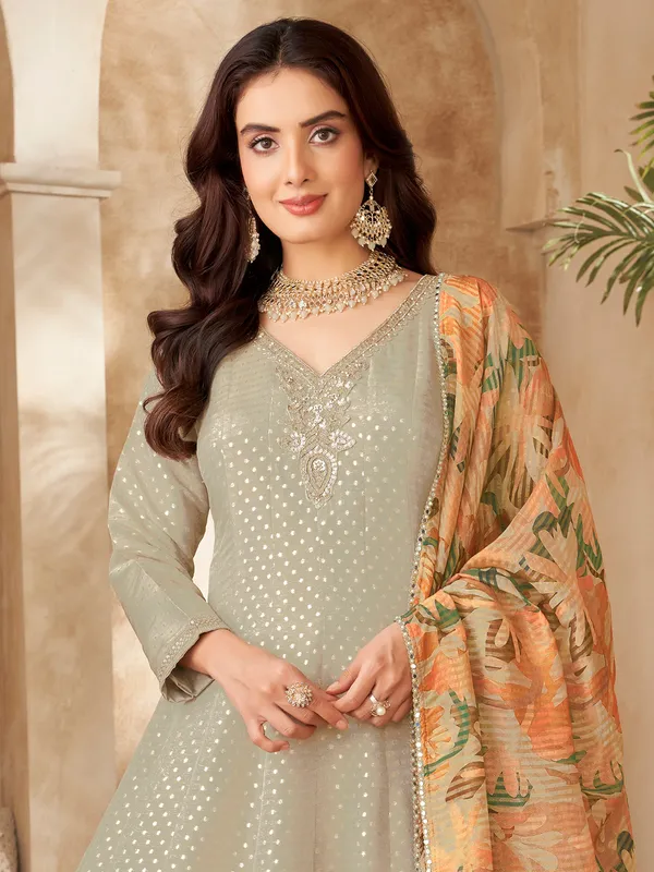 pista green silk anarkali suit with printed dupatta