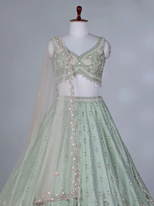 Pista green silk beaded embroidered lehenga choli