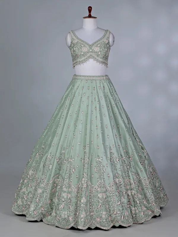 Pista green silk beaded embroidered lehenga choli