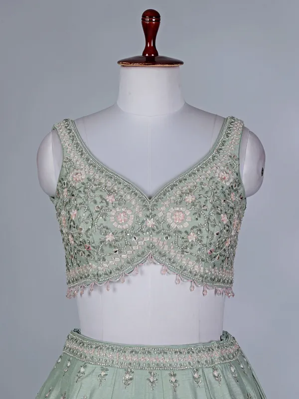 Pista green silk beaded embroidered lehenga choli