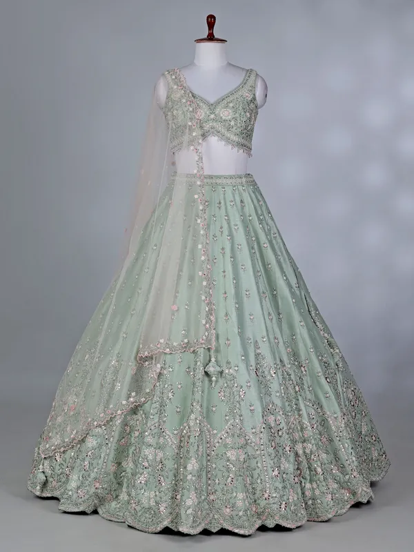 Pista green silk beaded embroidered lehenga choli