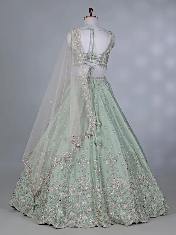 Pista green silk beaded embroidered lehenga choli