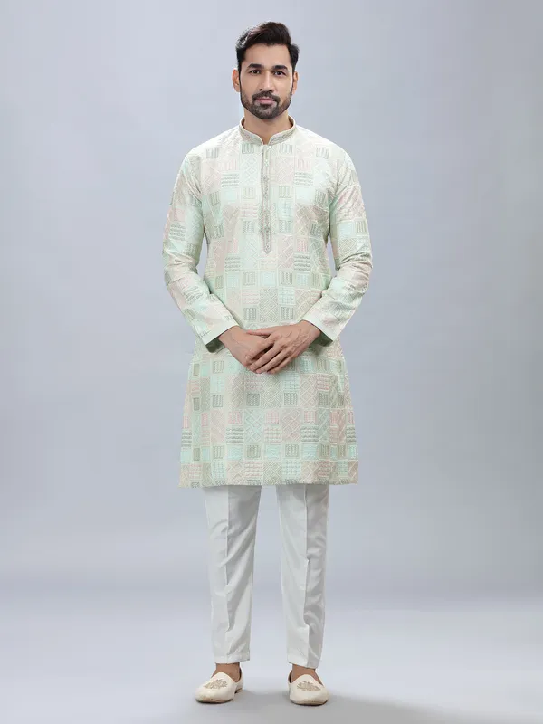Pista green silk festive wear kurta set for men