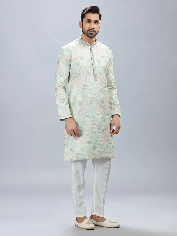 Pista green silk festive wear kurta set for men