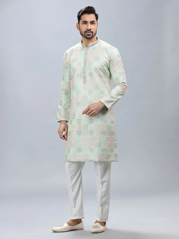Pista green silk festive wear kurta set for men