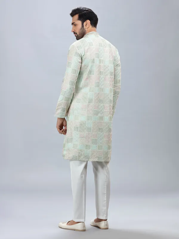 Pista green silk festive wear kurta set for men