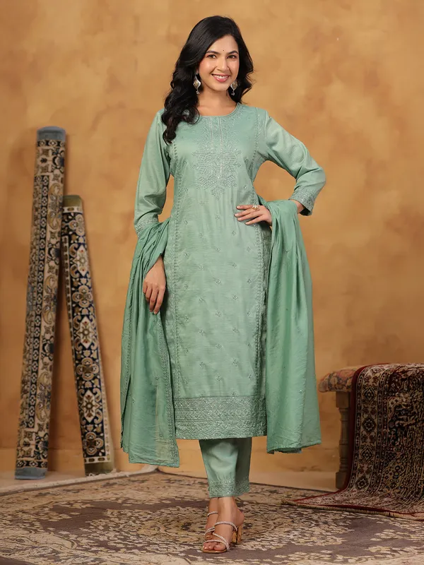 Pista green silk kurti set with sequins work
