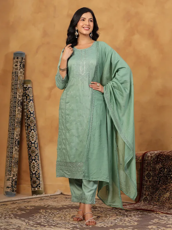 Pista green silk kurti set with sequins work