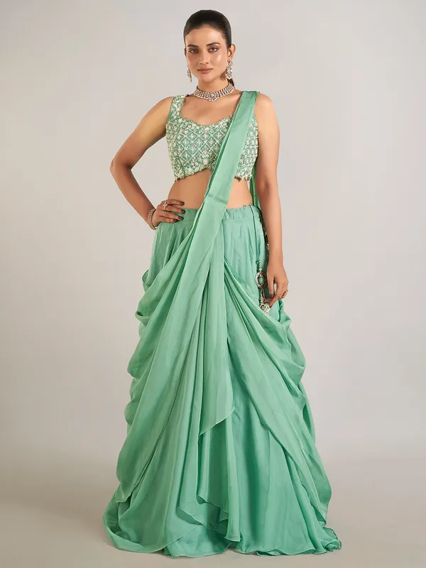 Pista green silk lahenga choli for wedding