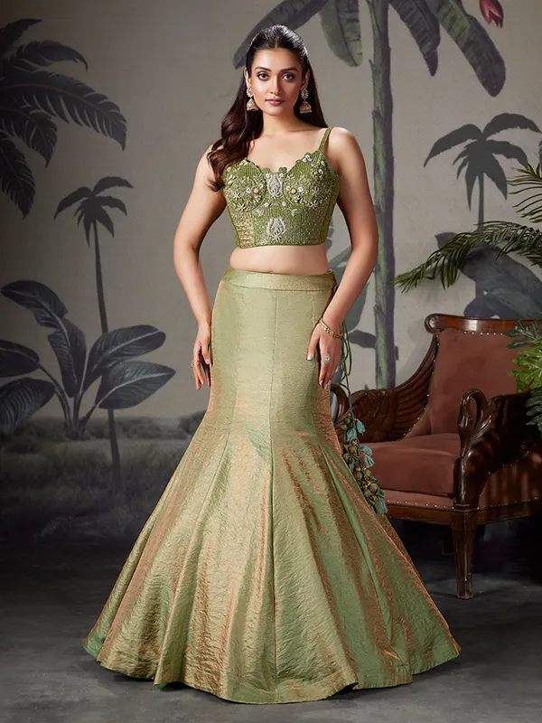 Pista green silk lehenga choli for reception