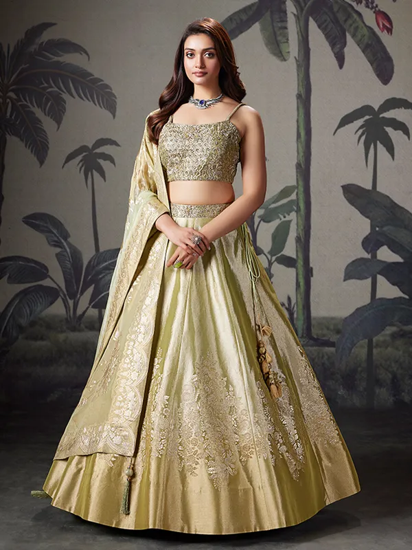 Pista green silk lehenga choli for wedding celebration