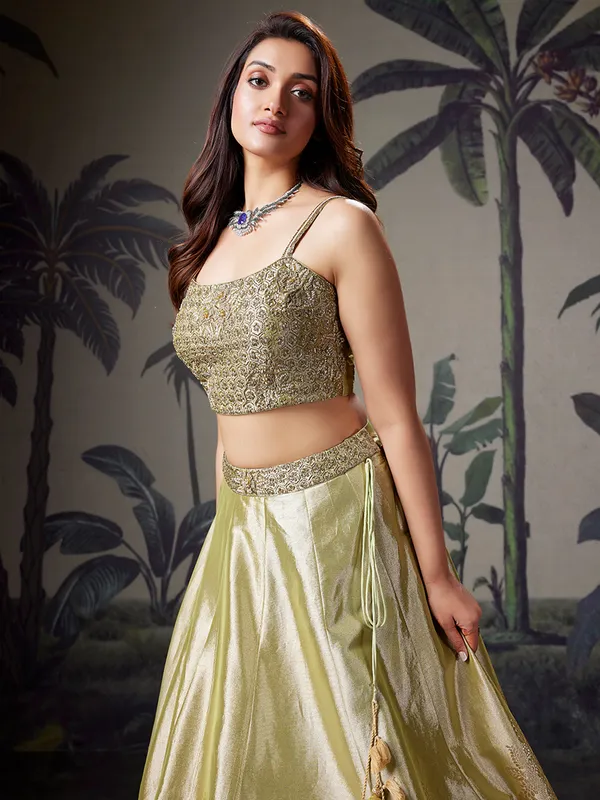 Pista green silk lehenga choli for wedding celebration