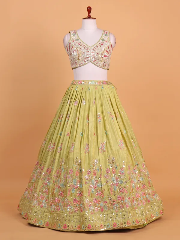 Pista green silk lehenga choli for wedding wear