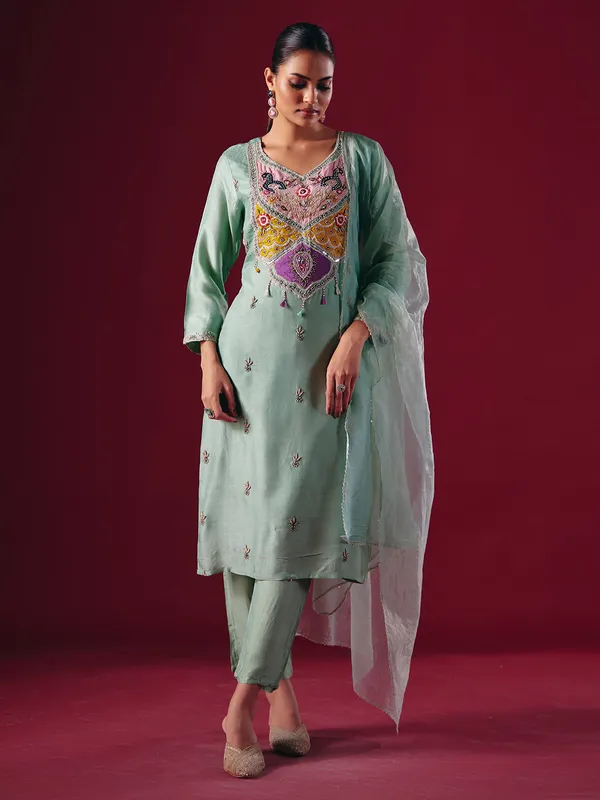 Pista green silk pakistani pant suit with dupatta