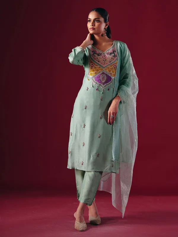 Pista green silk pakistani pant suit with dupatta