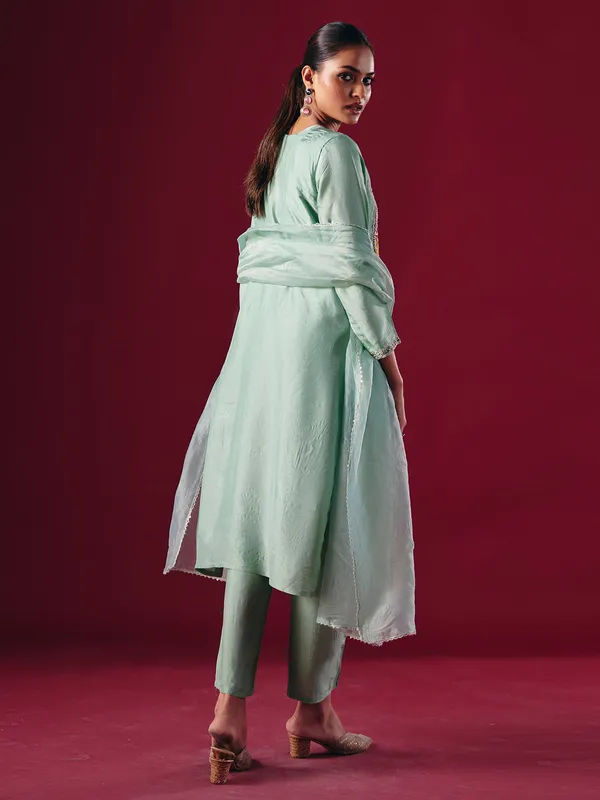 Pista green silk pakistani pant suit with dupatta