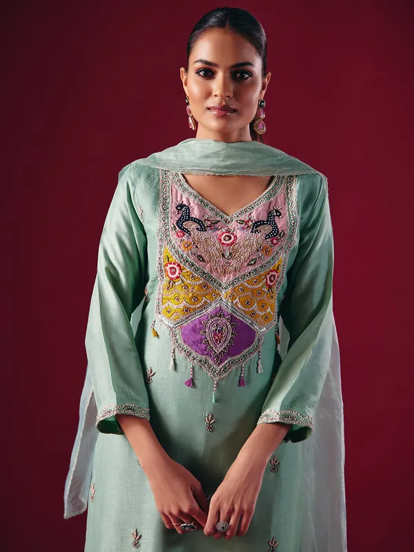 Pista green silk pakistani pant suit with dupatta