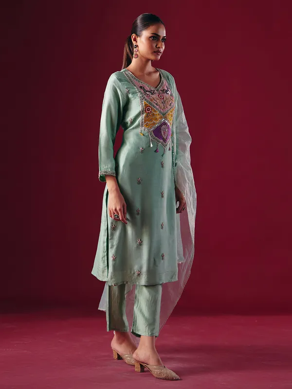 Pista green silk pakistani pant suit with dupatta