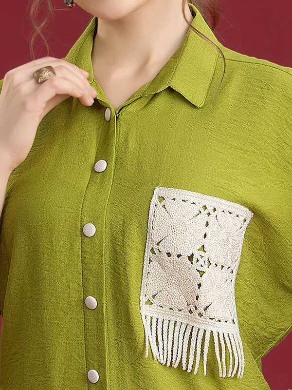 Pista green silk palazzo co-ord set featuring fine embroidery