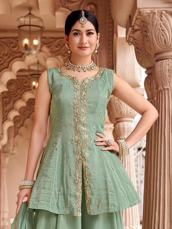 Pista green silk palazzo suit with dupatta for women