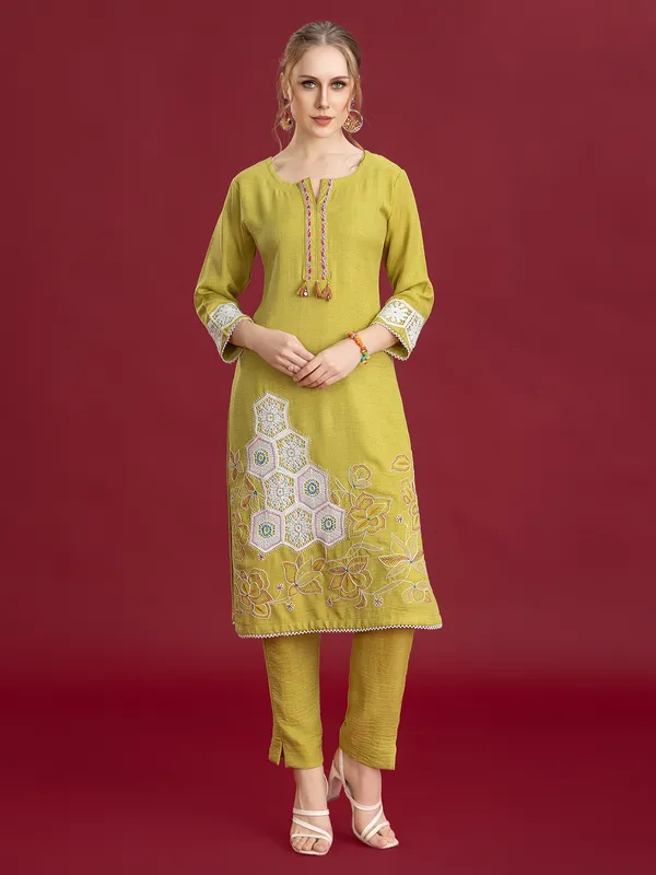 Pista green silk pant set with embroidery