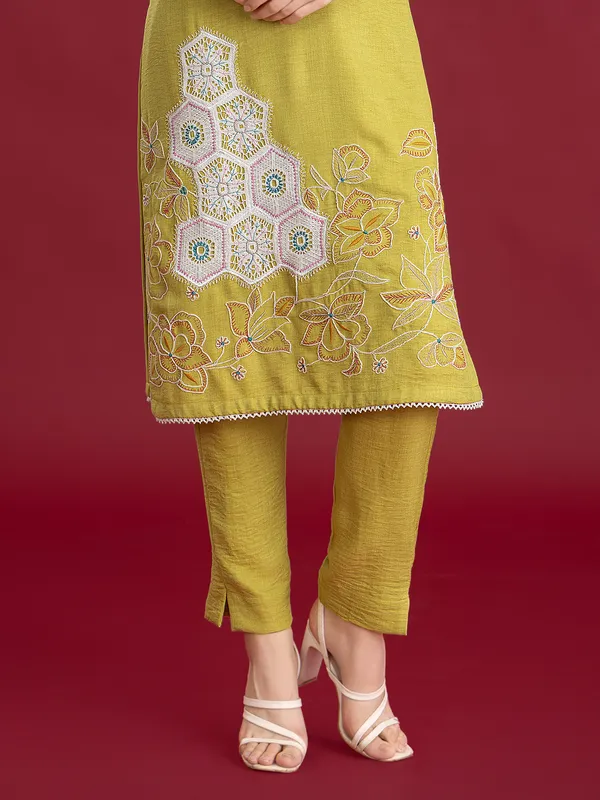 Pista green silk pant set with embroidery
