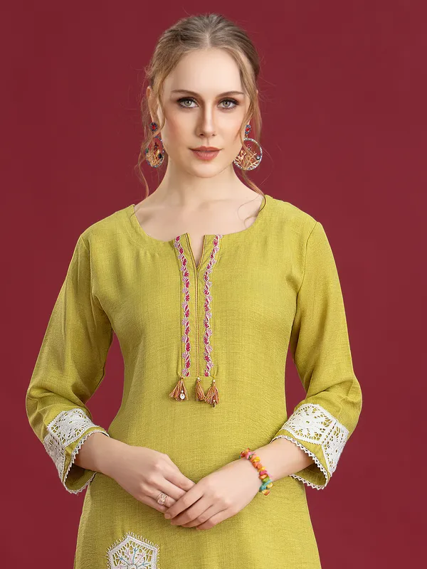 Pista green silk pant set with embroidery