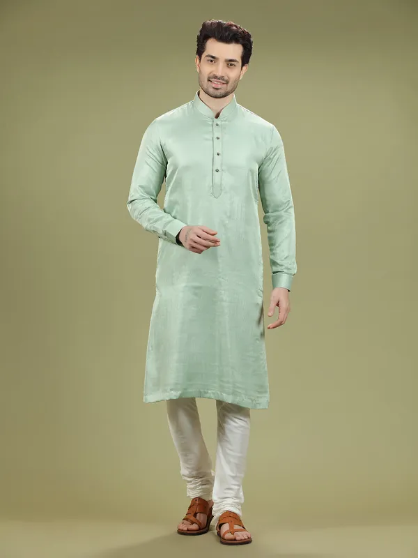 Pista green silk plain  Men Kurta pajama