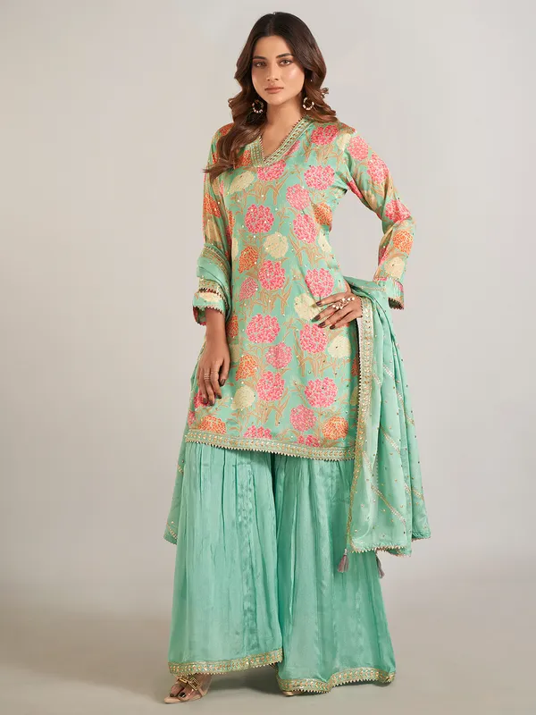 Pista green silk printed sharara suit for wedding