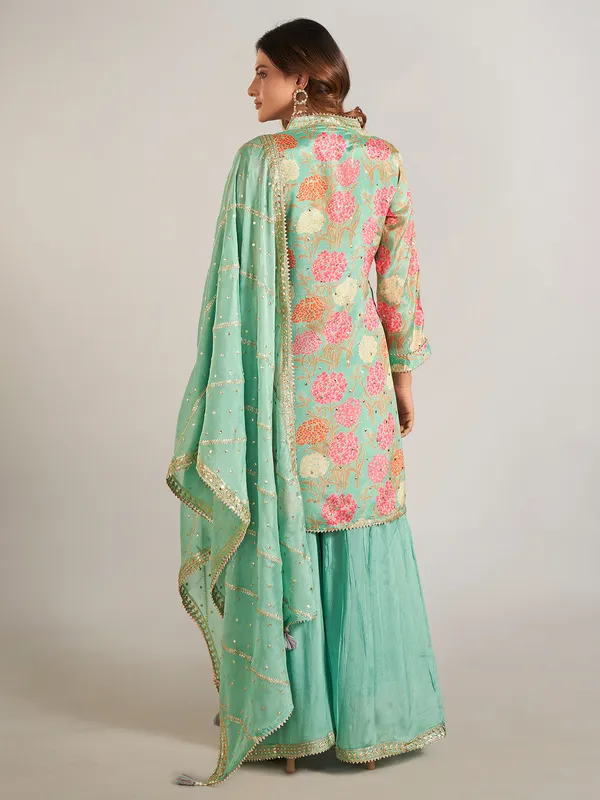Pista green silk printed sharara suit for wedding