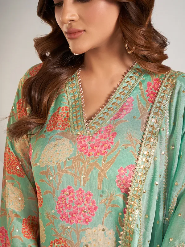 Pista green silk printed sharara suit for wedding