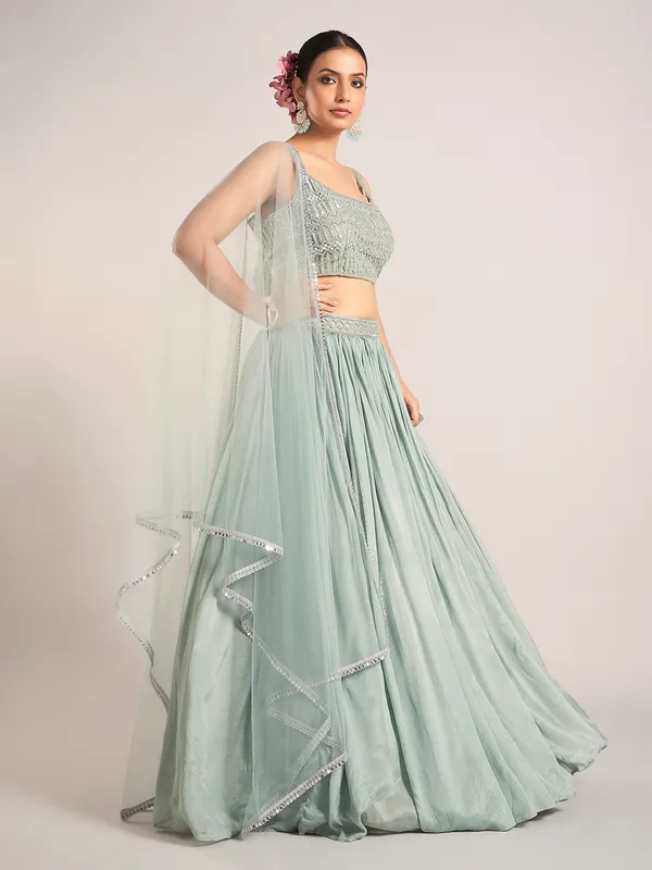 Pista green silk reception wear lehenga choli