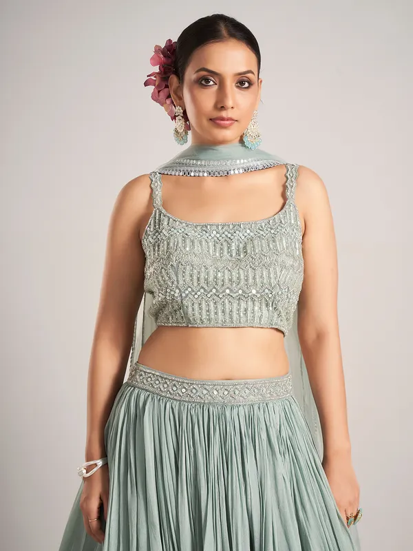 Pista green silk reception wear lehenga choli