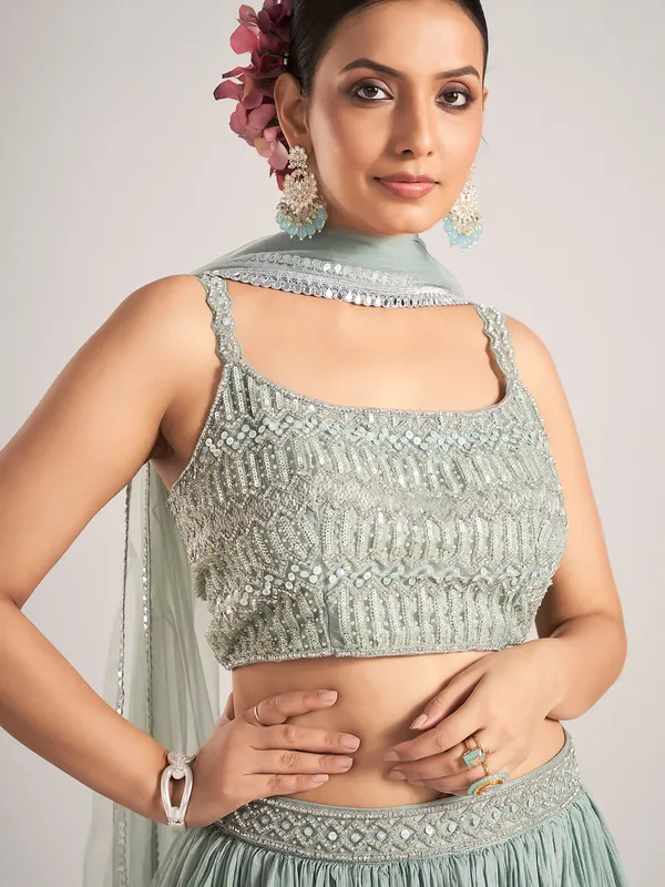 Pista green silk reception wear lehenga choli