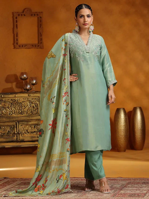Pista green silk salwar suit with printed dupatta