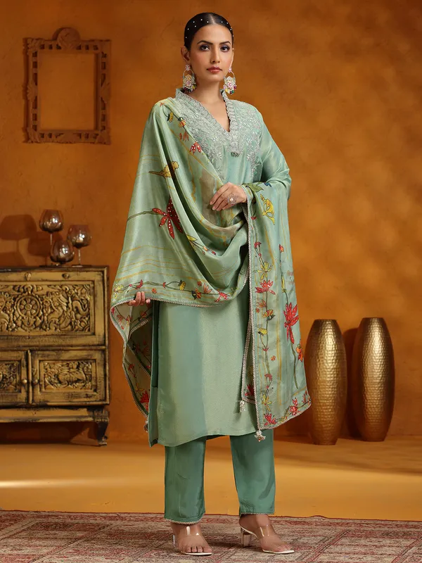 Pista green silk salwar suit with printed dupatta